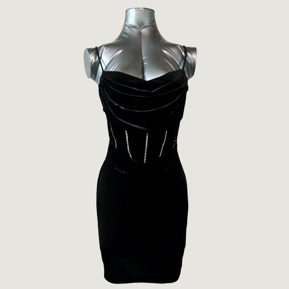 Windsor Womens Black Velvet Rhinestone Corset Cowl Neck Bodycon Mini Dress L